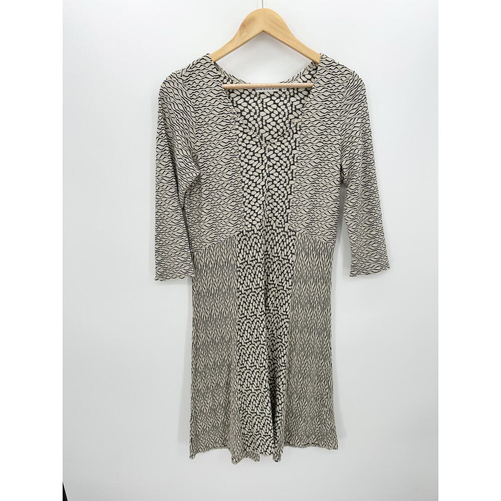 Habitat‎ Womens XS Tan Black Rayon Blend Fit Flare 3/4 Sleeve Artsy Dress 54580